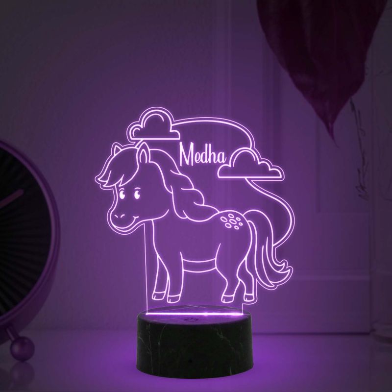 3D Illusion Cute Horse Night lamp with Multicolored Light Customized with Name Gift for Kids Bedroom Decoration